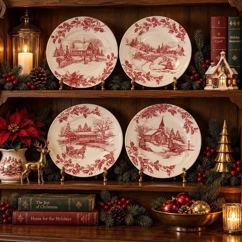 Pier 1 Snowland Village Christmas Plates Set 4 Red White 8.75" Holiday